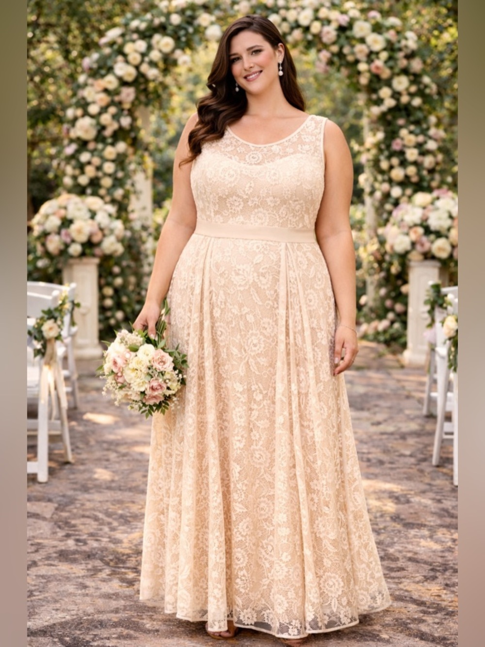 Ivory Lace Lined Maxi Dress with Sheer Yoke Plus 2X Womans - Picture 13 of 13